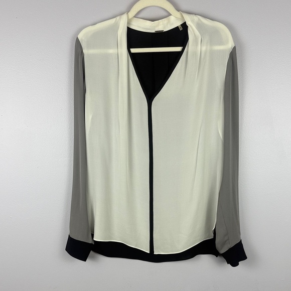 Elie Tahari 100% Silk Elegant Black White Black & Gray V-Neck Blouse Size Medium - Picture 2 of 13